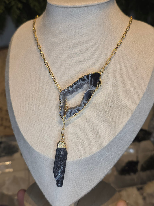 18ct Gold Plated Druzy Brazilian Agate Necklace with Black Tourmaline Drop A