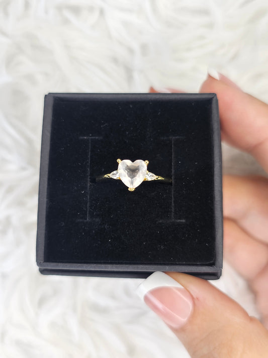 18ct Gold Plated S925 Silver Adjustable Rose Quartz Heart Ring - MAS0914