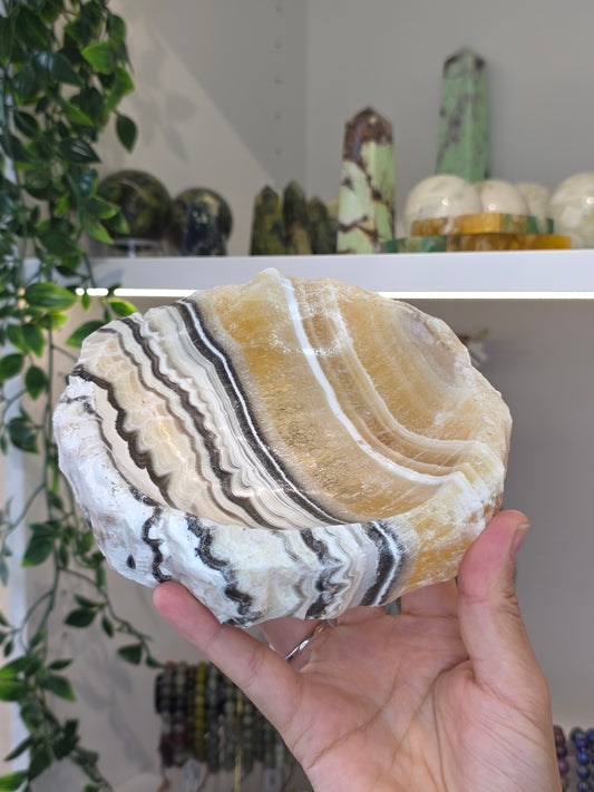 Raw Chunky Mexican Onyx Bowl - Yellow Zebra Calcite - D
