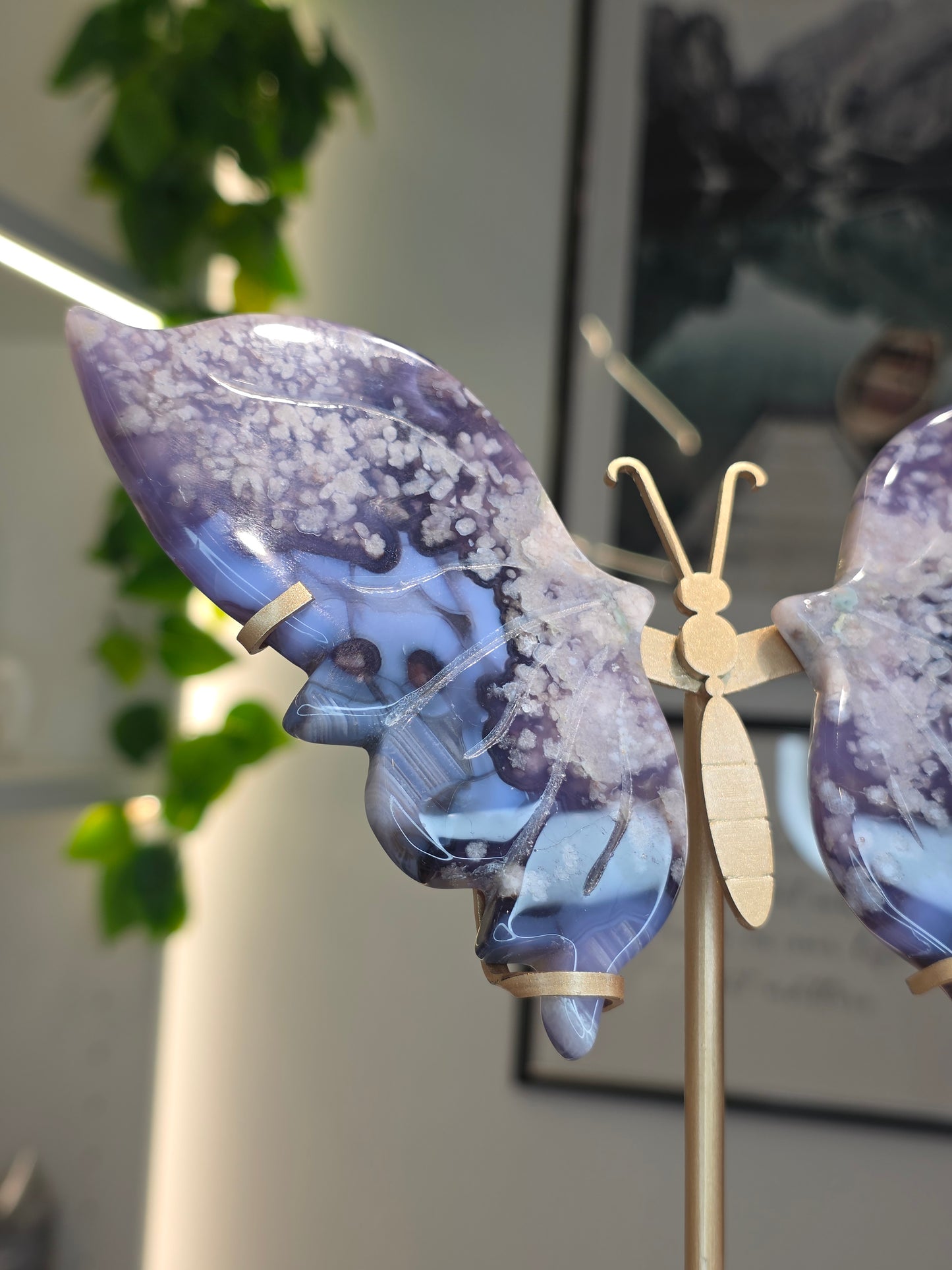 Blue Flower Agate Butterfly Wings on Custom Stand - B