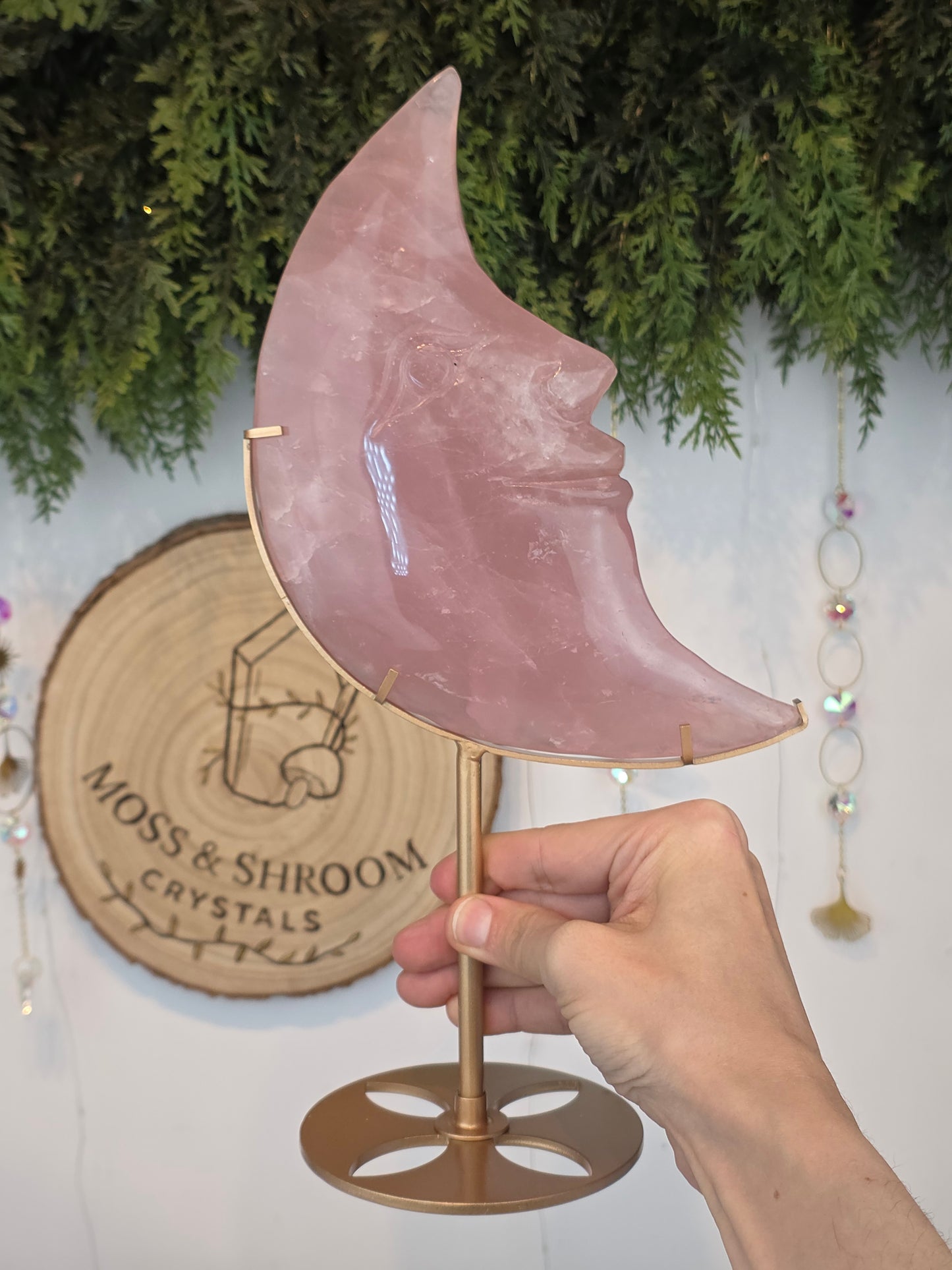 Rose Quartz Moon Face on Custom Stand