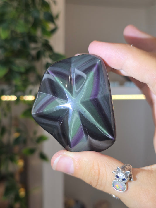 Mexican Rainbow Obsidian Star Carving with stand - B