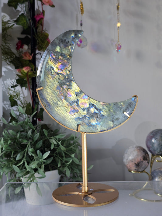 Labradorite Moon with Green Flash on Custom Stand - MAS0829