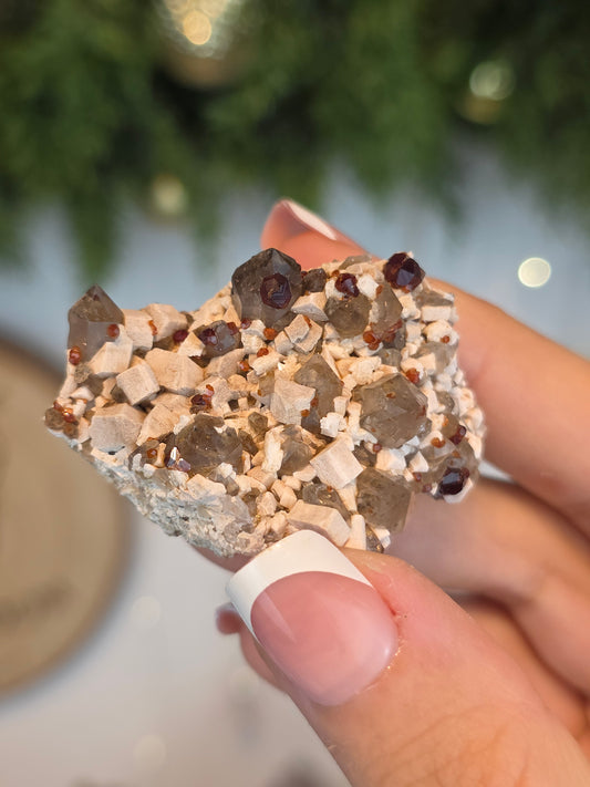 Garnet and Smokey Quartz on Feldspar from Tongbei Mine, Fuijian, China  - MAS6109