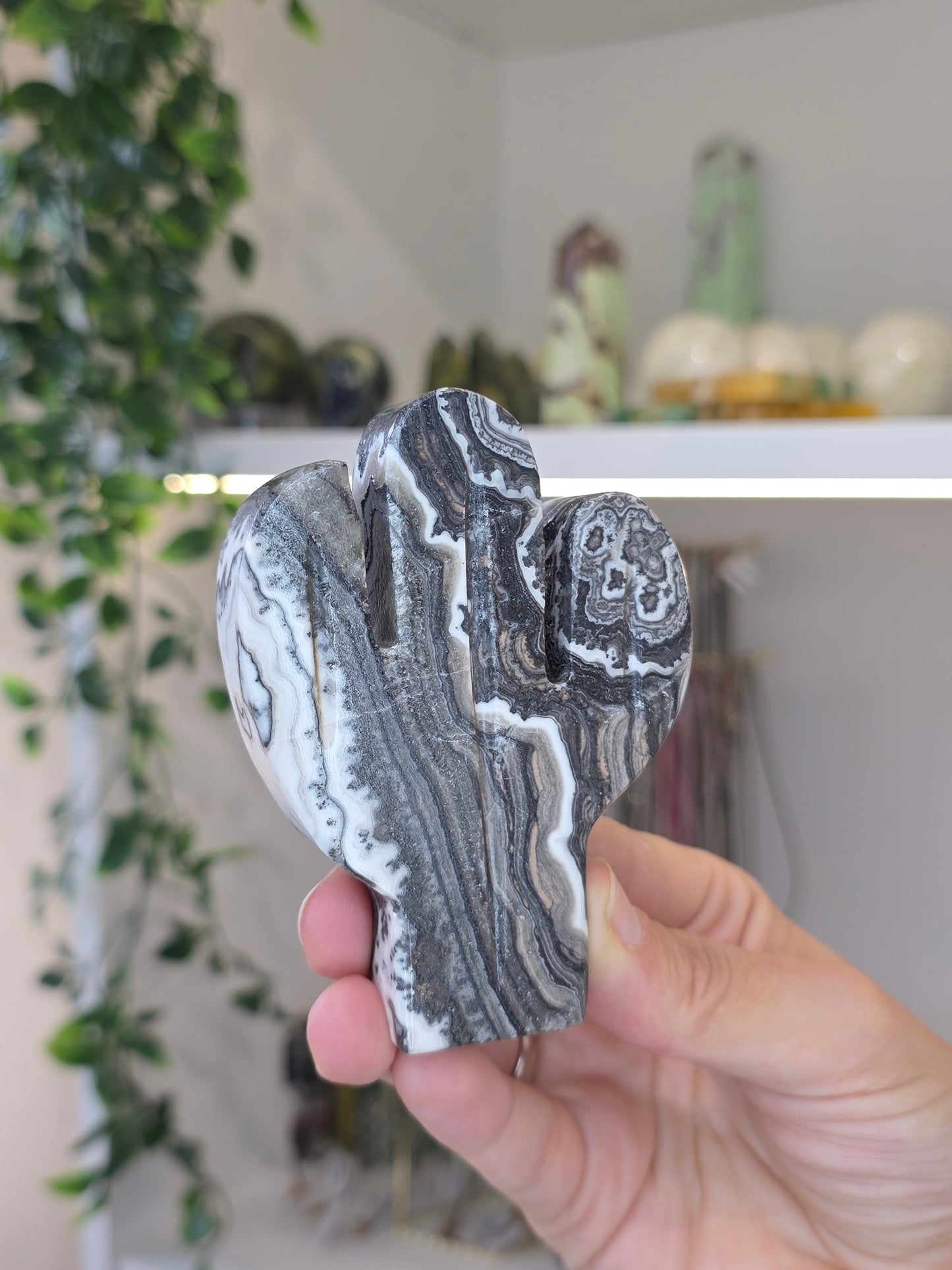 Small Mexican Onyx Freestanding Cactus Carving - Black/White Zebra Calcite - D