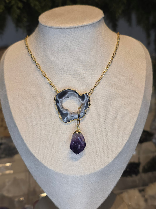 18ct Gold Plated Druzy Brazilian Agate Necklace with Amethyst Drop C
