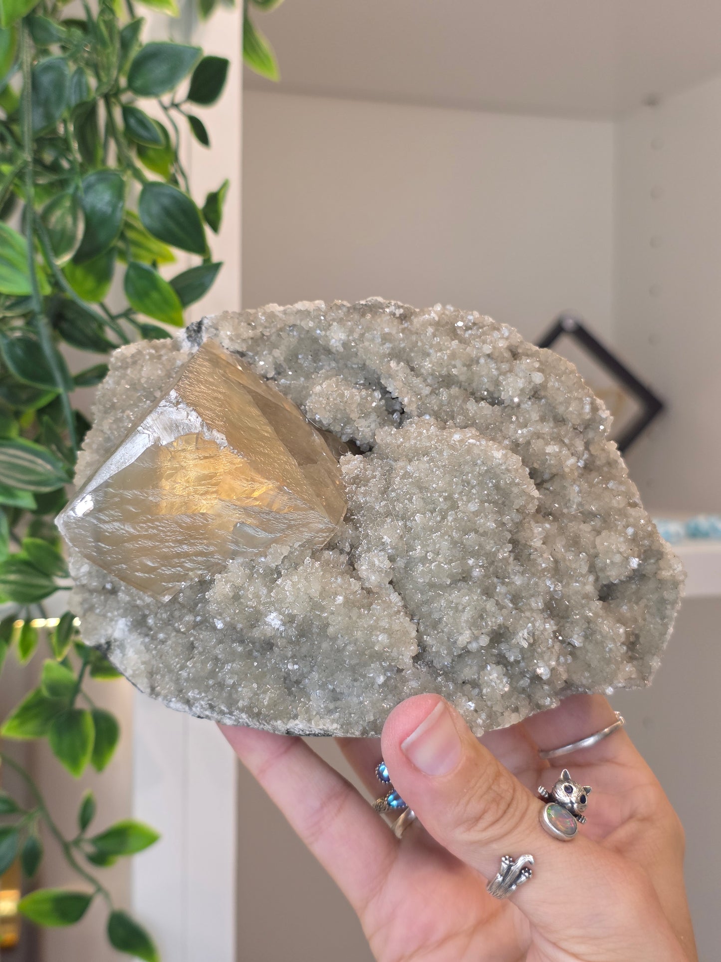 Honey Calcite Cubes on Druzy Sugar Calcite and Stilbite Matrix from Madhya Pradesh, India - AJ