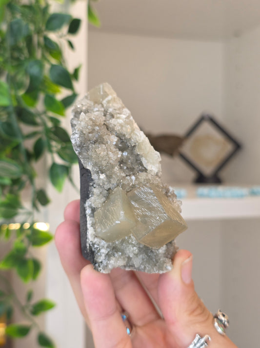 Honey Calcite Cubes on Druzy Sugar Calcite and Stilbite Matrix from Madhya Pradesh, India - P