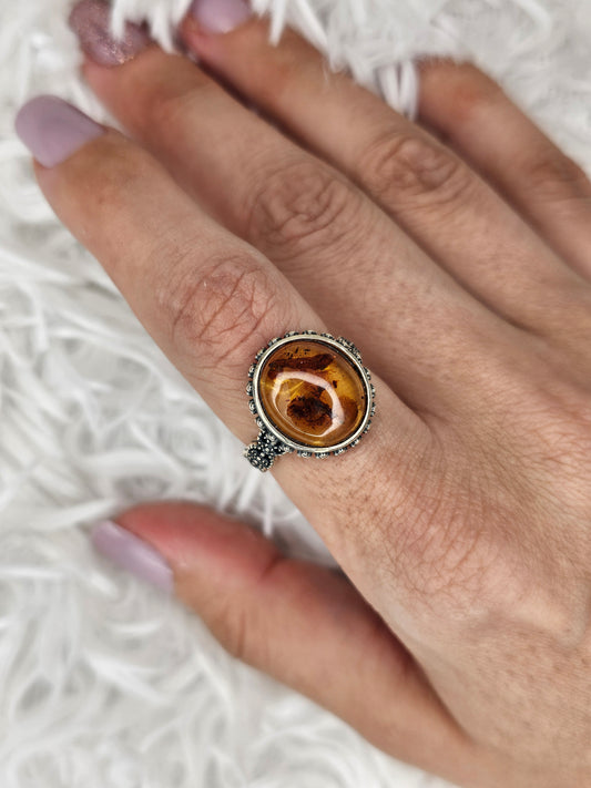 S925 Silver Adjustable Flower Amber Ring - MAS1035