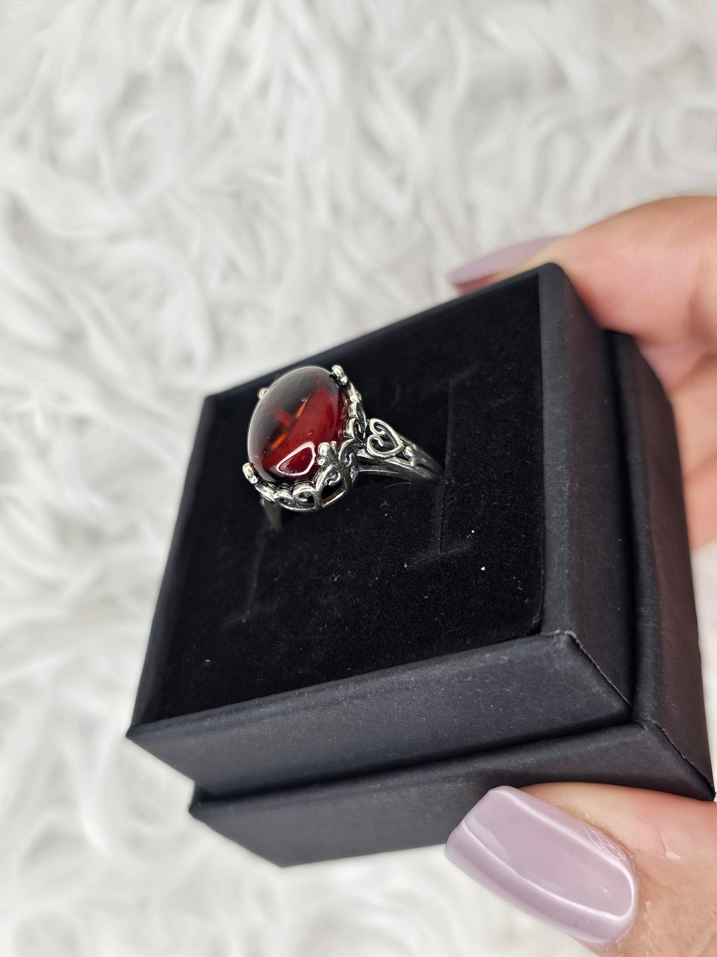 S925 Silver Adjustable Blood Amber Ring - MAS1042