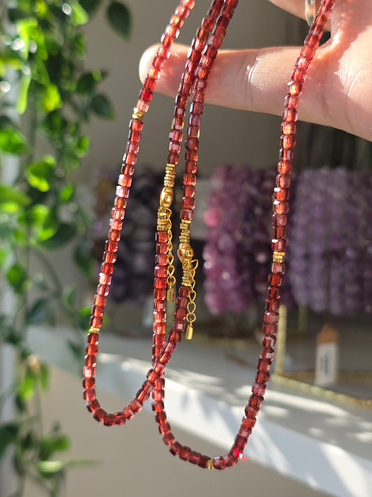 High Quality Garnet Facetted Bead necklace with S925 Spacers coated in 18ct Gold