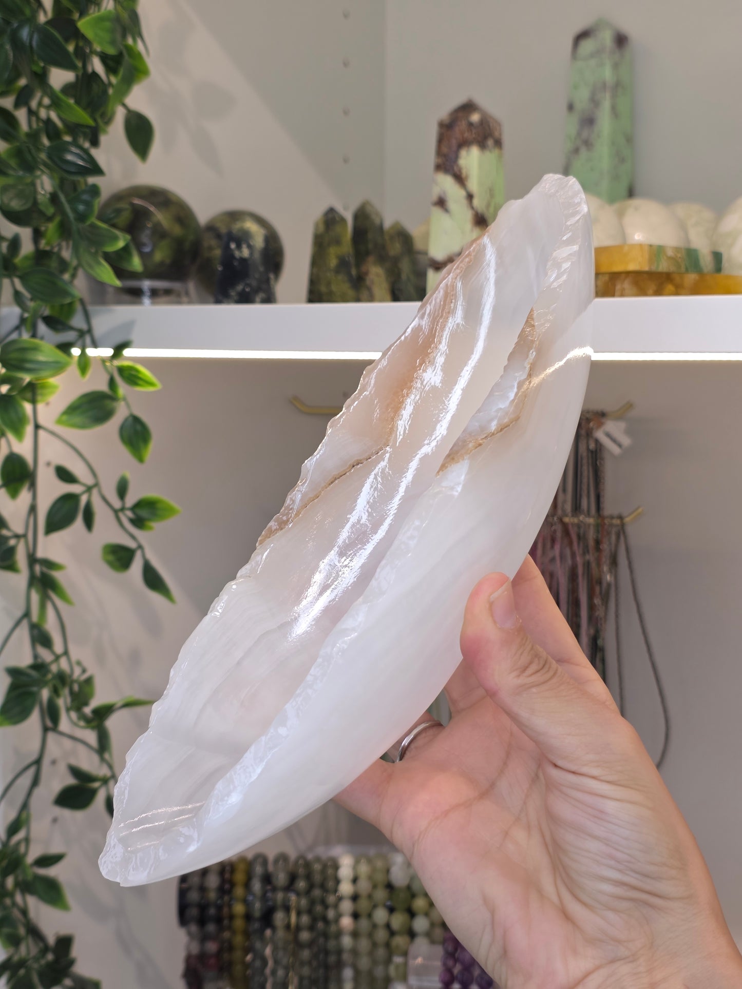 Mexican Onyx Canoe Bowl - White Calcite - B