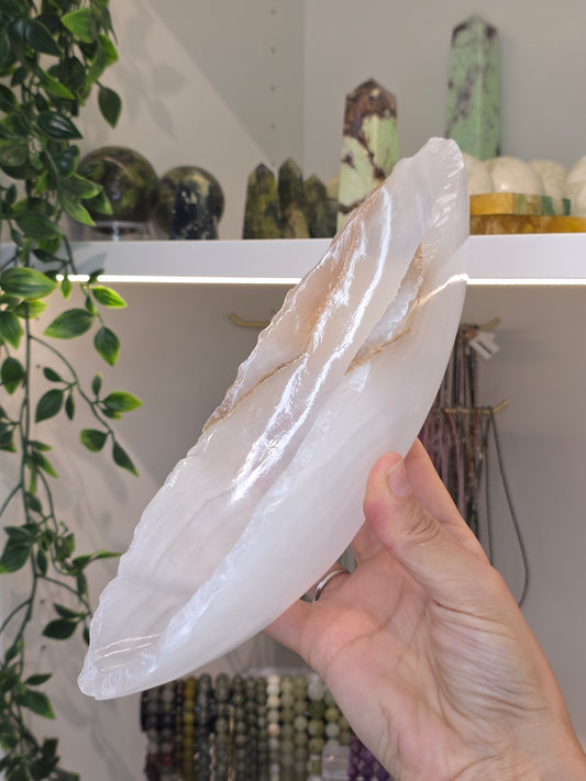Mexican Onyx Canoe Bowl - White Calcite - B