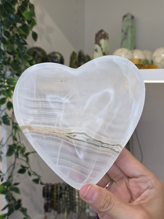 Mexican Onyx Heart Shape Bowl - White Calcite - B