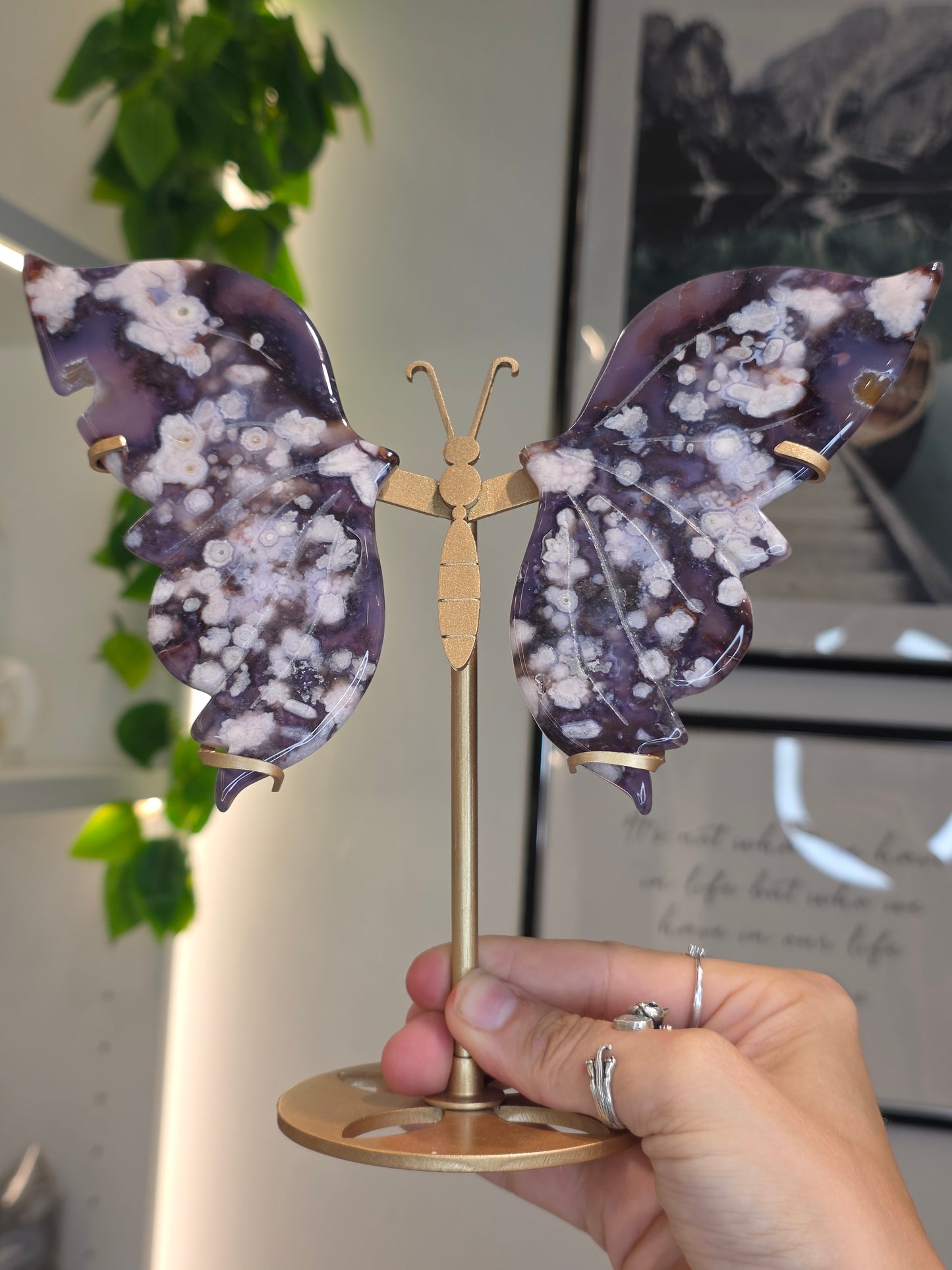 Blue Flower Agate Butterfly Wings on Custom Stand - A