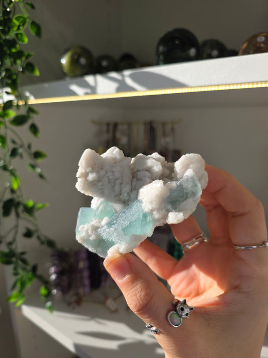 Blue Fluorite on Candle Quartz from Huanggang, Inner Mongolia