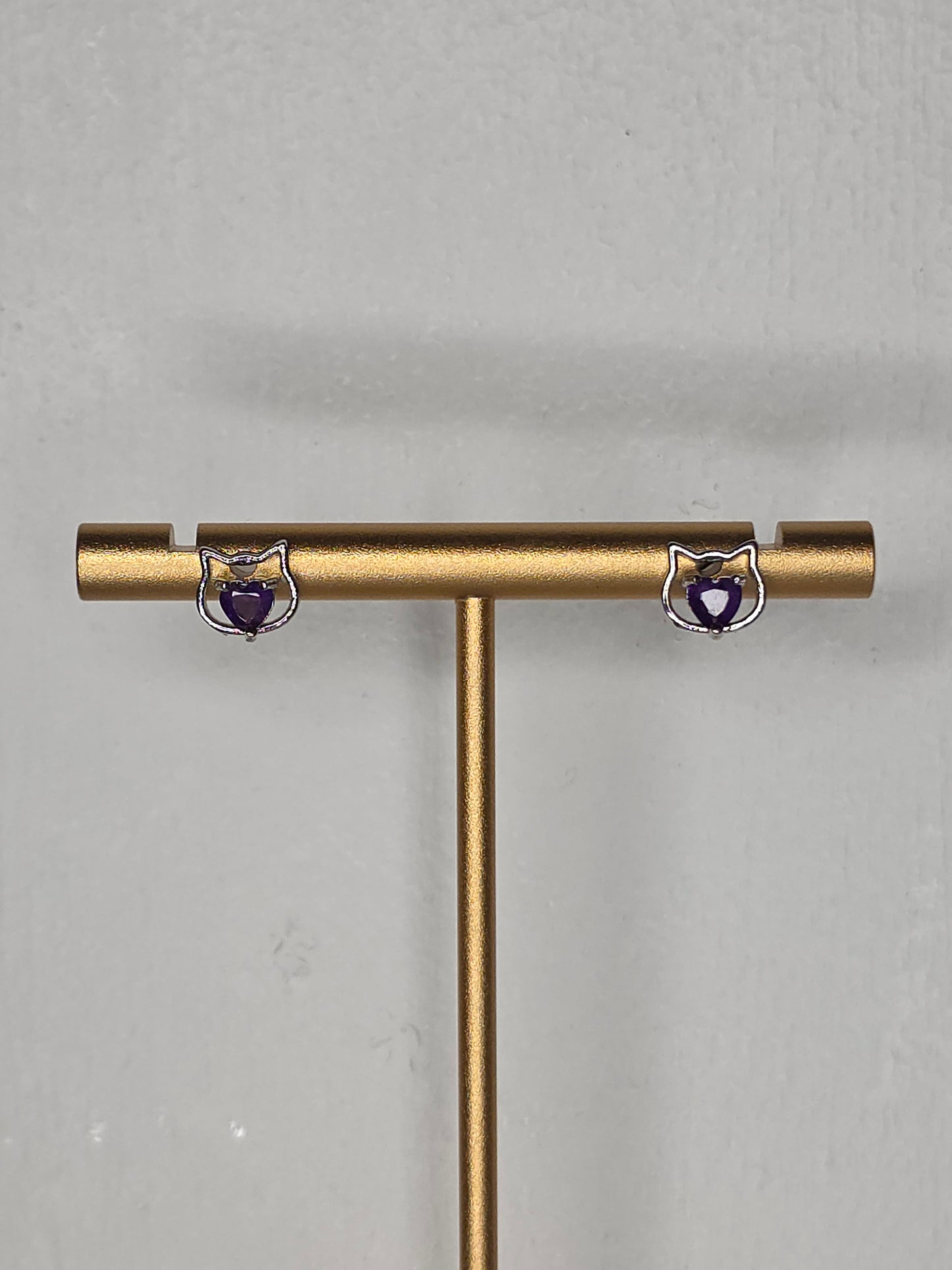 Amethyst Cat Heart Earrings with S925 Posts