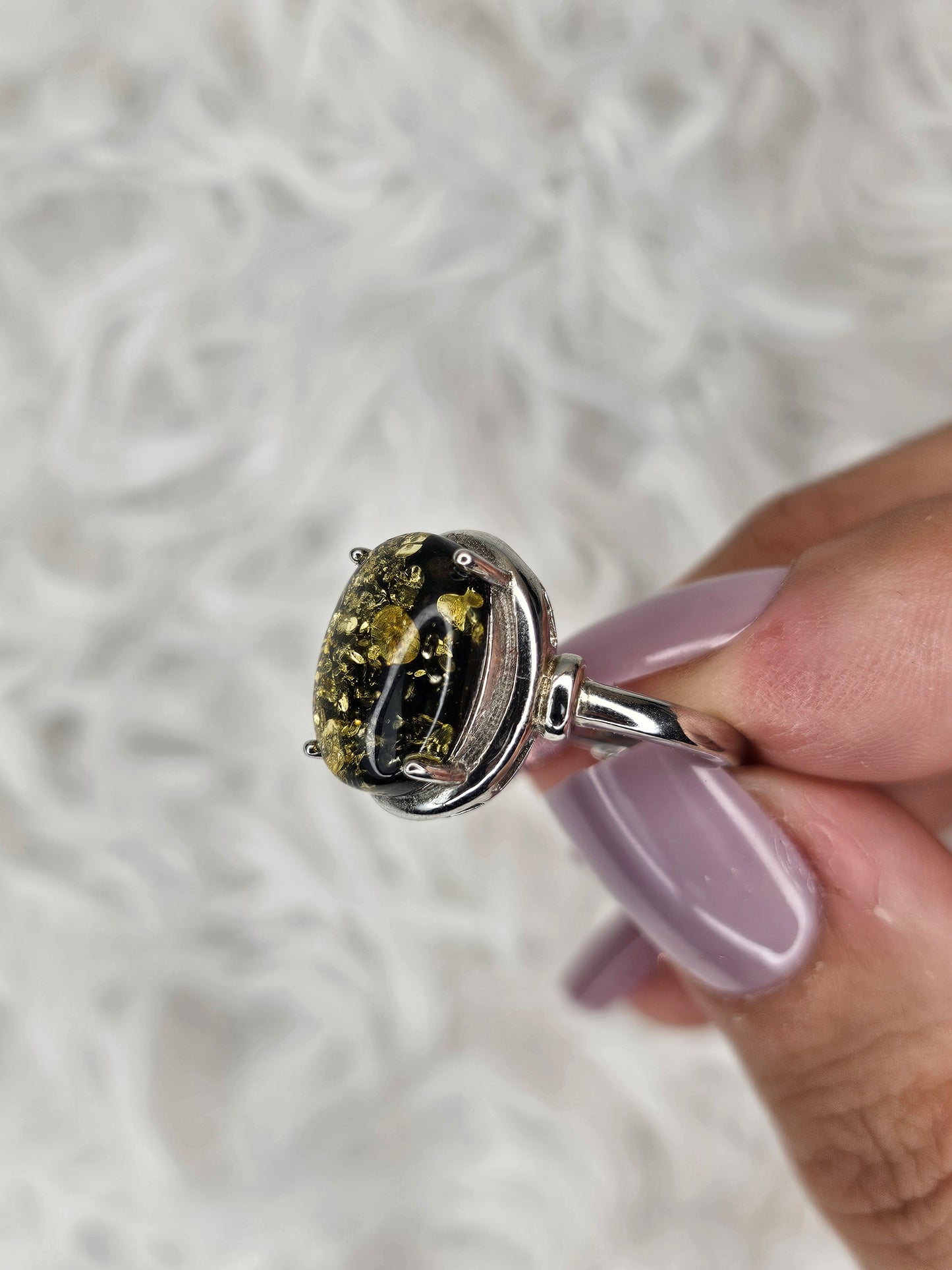 S925 Silver Adjustable Black Amber Ring - MAS1046