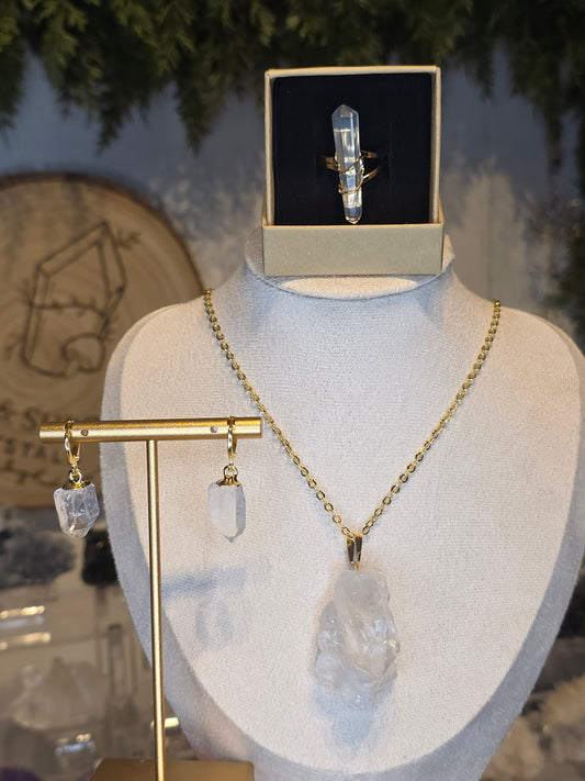 18ct Gold Plated Brazilian Lemurian Quartz Jewellery Set - Necklace, Earrings & Rings