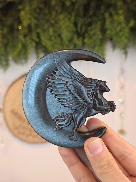 Silver Sheen Obsidian Moon with Pegasus