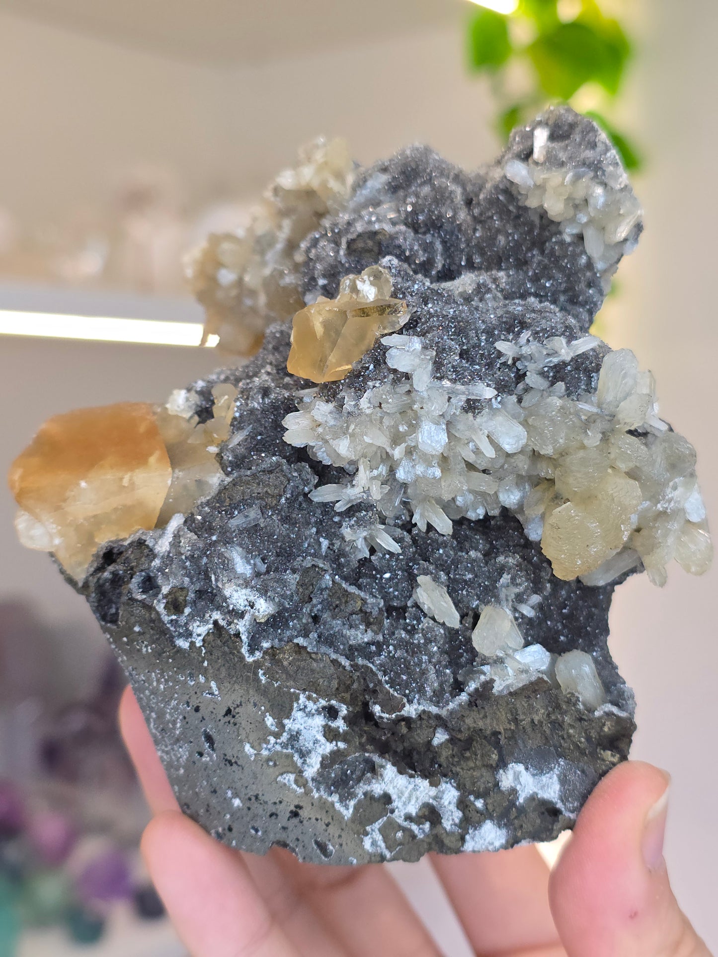 Honey Calcite on Black Chalcedony with Stilbite (I) from Madhya Pradesh India