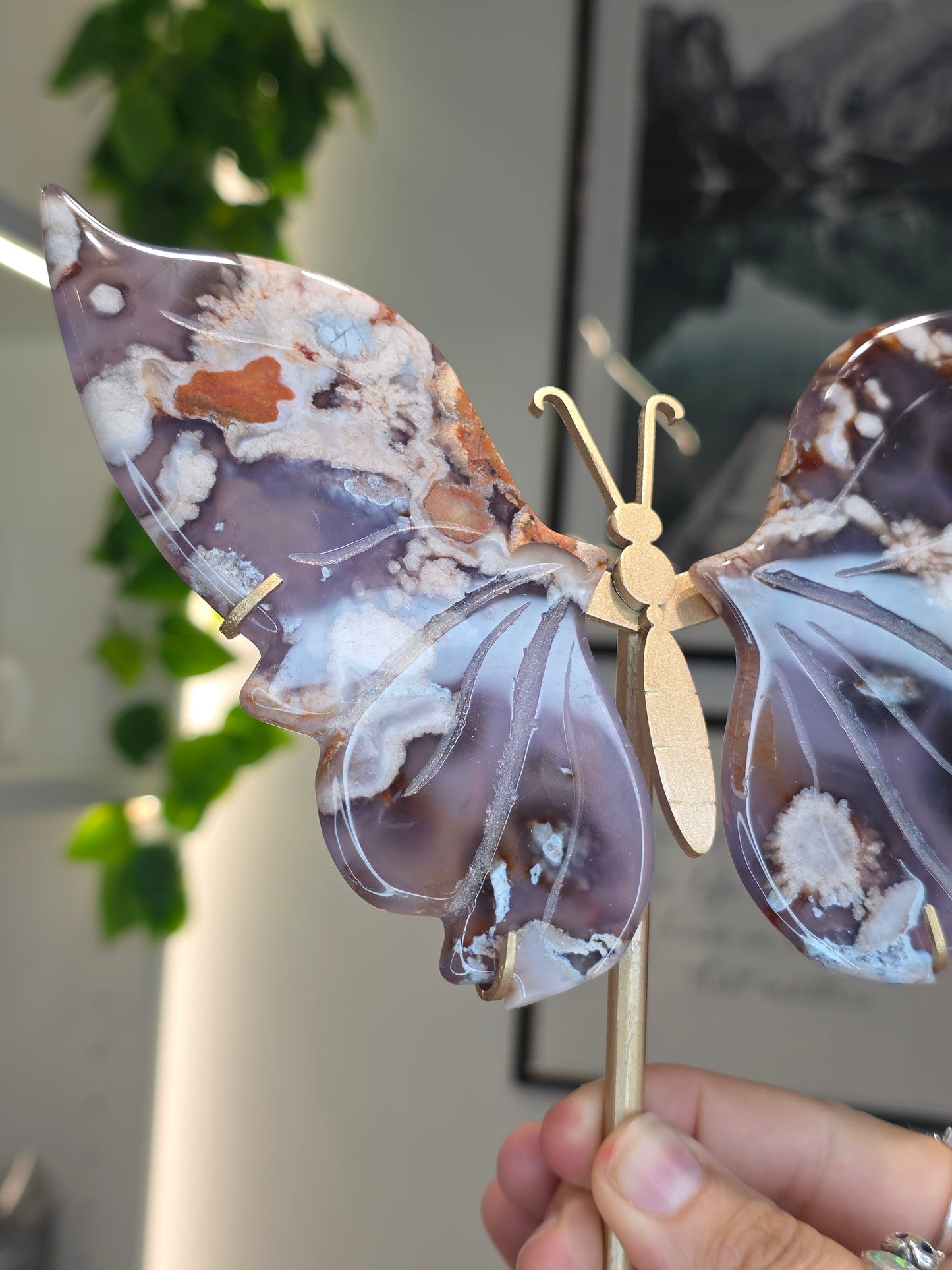 Blue Flower Agate Butterfly Wings on Custom Stand - C