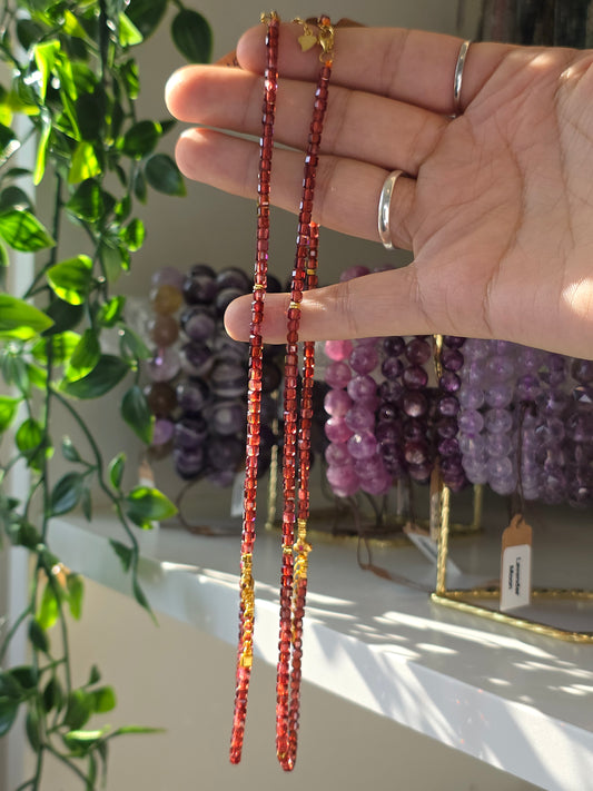 High Quality Garnet Facetted Bead necklace with S925 Spacers coated in 18ct Gold