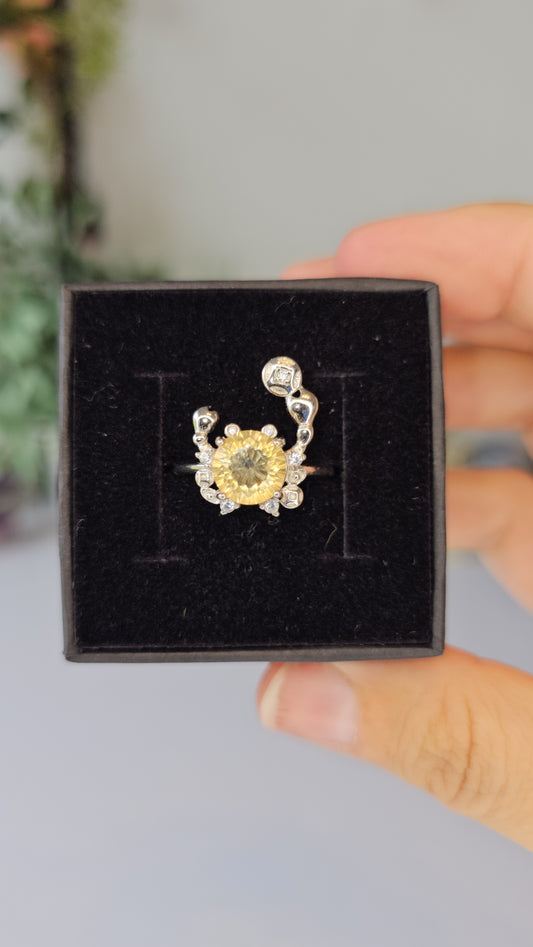 S925 Silver Citrine Crab Adjustable Ring - MAS0555