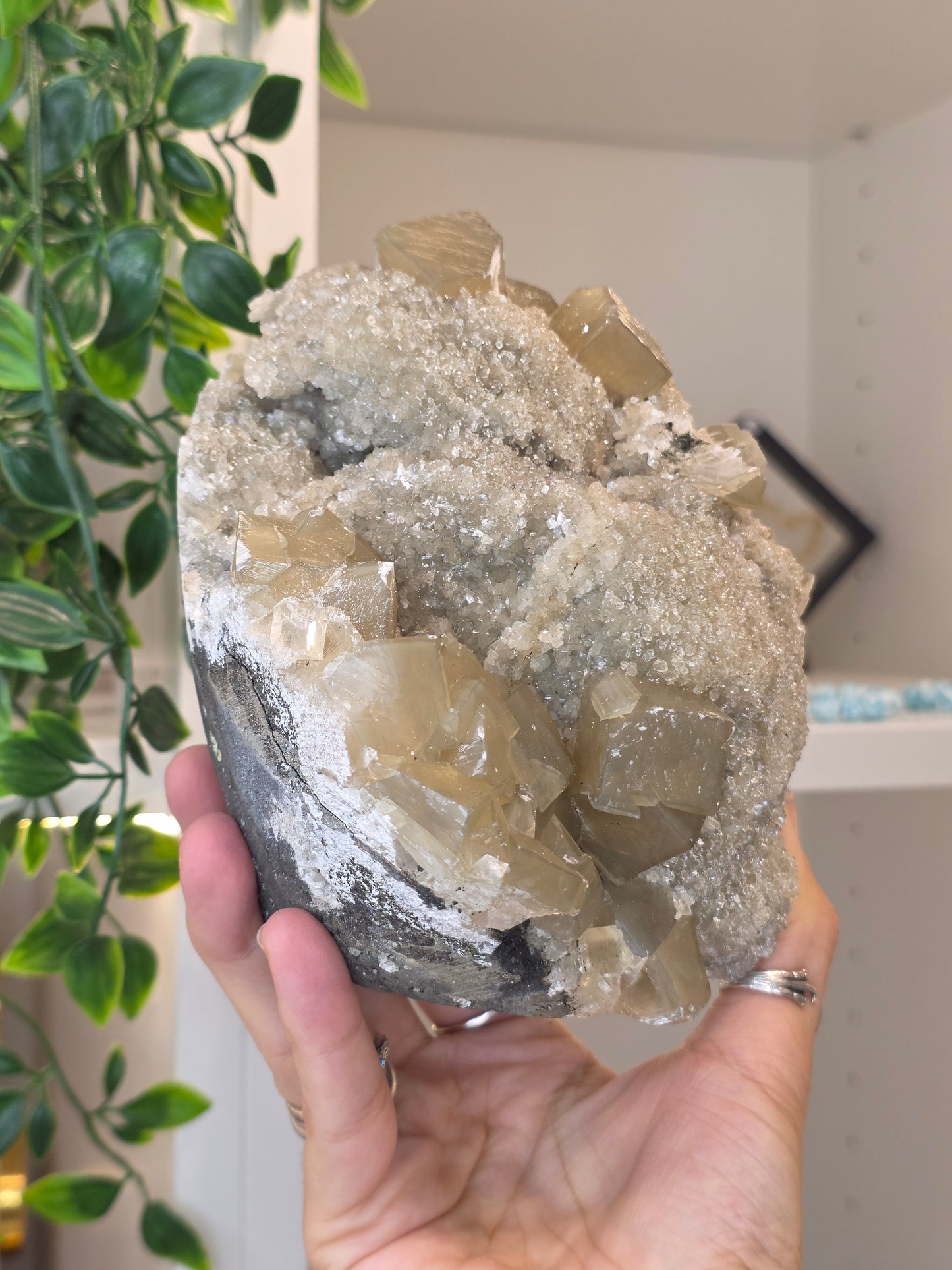 Honey Calcite Cubes on Druzy Sugar Calcite and Stilbite Matrix from Madhya Pradesh, India - AK