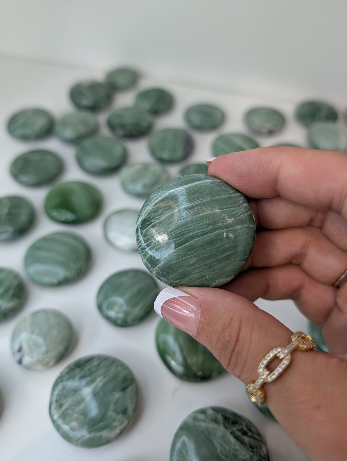 Intuitively Chosen Indian Green Kammererite Button Flat Palm Stones