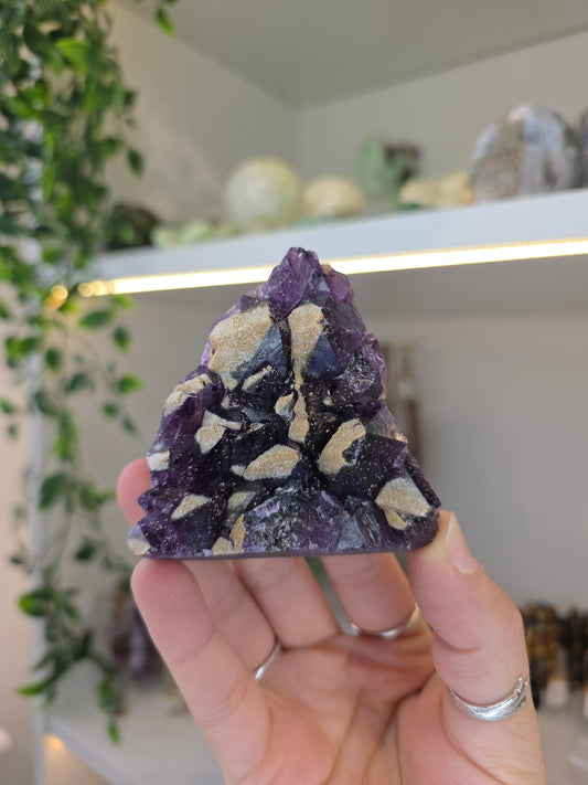'Alien Amethyst' Hemitite Included Amethyst with Sugar Calcite from Hyderabad, India K