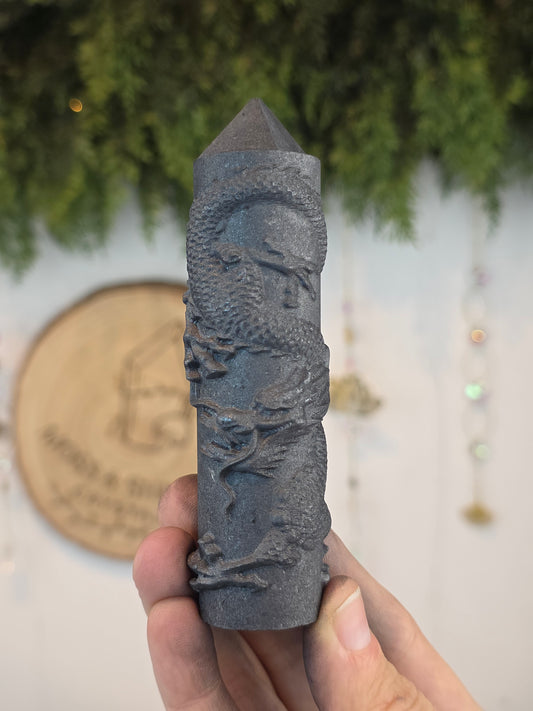 Shungite Tower with Dragon Carving C