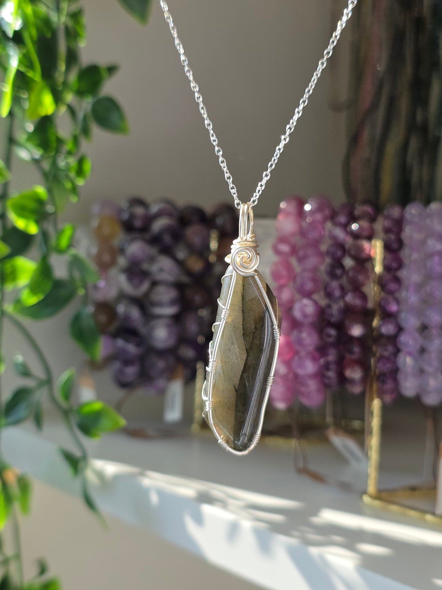S925 Silver Labradorite Hand Wrapped Necklace - D