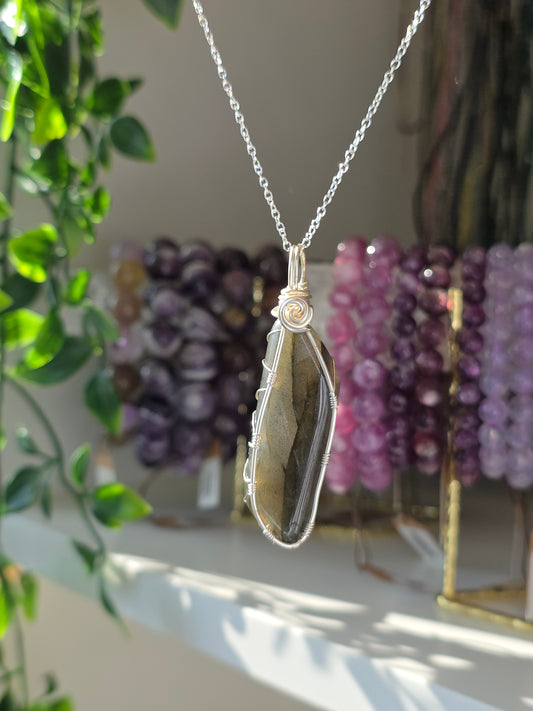 S925 Silver Labradorite Hand Wrapped Necklace - D