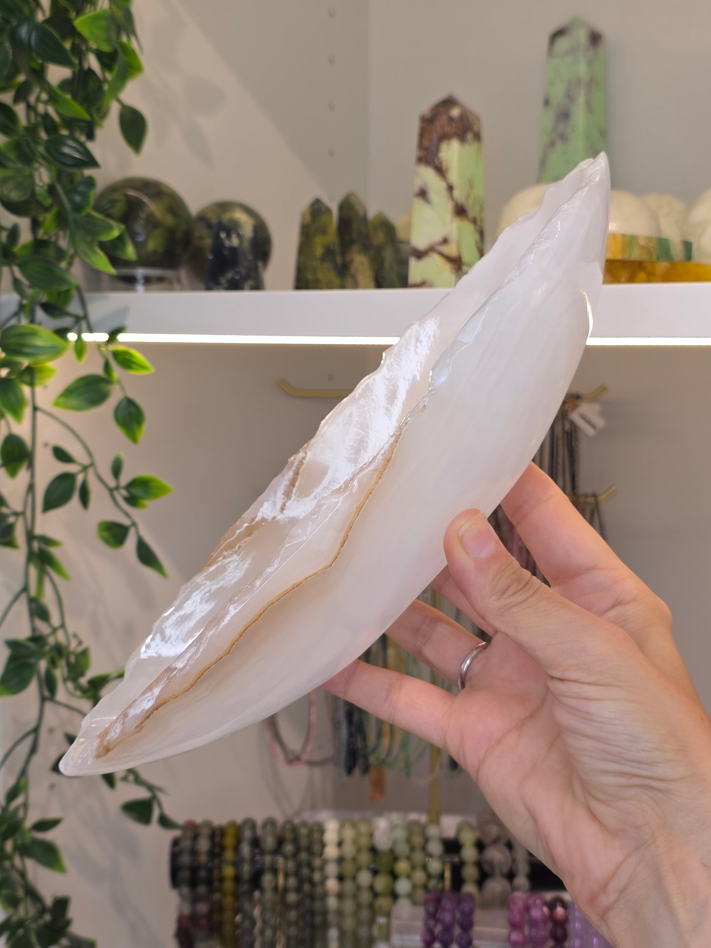 Mexican Onyx Canoe Bowl - White Calcite - B