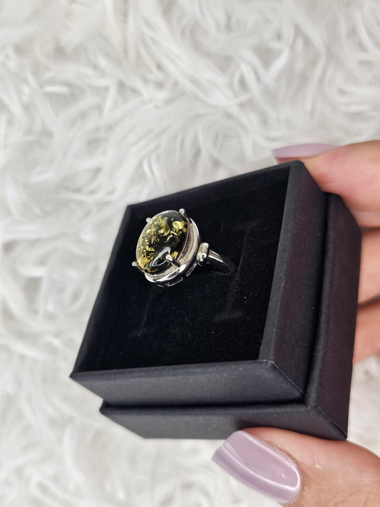 S925 Silver Adjustable Black Amber Ring - MAS1046