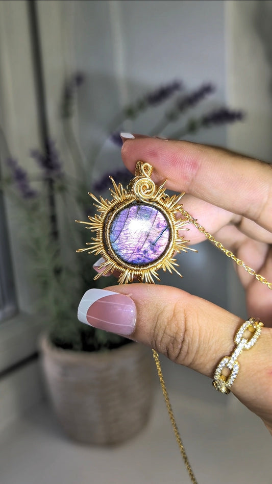 Hand Woven Gold Labradorite Sun Necklace with S925 Silver Chain -  Purple Flash