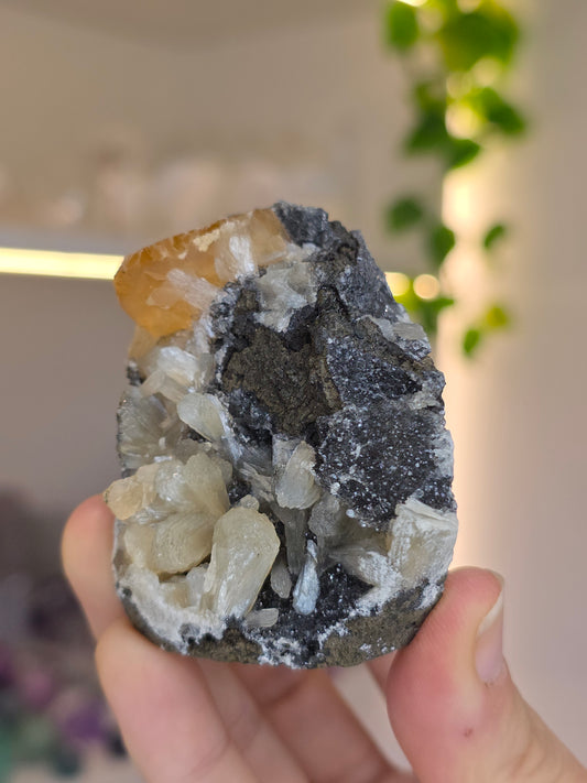 Honey Calcite on Black Chalcedony with Stilbite (W) from Madhya Pradesh India
