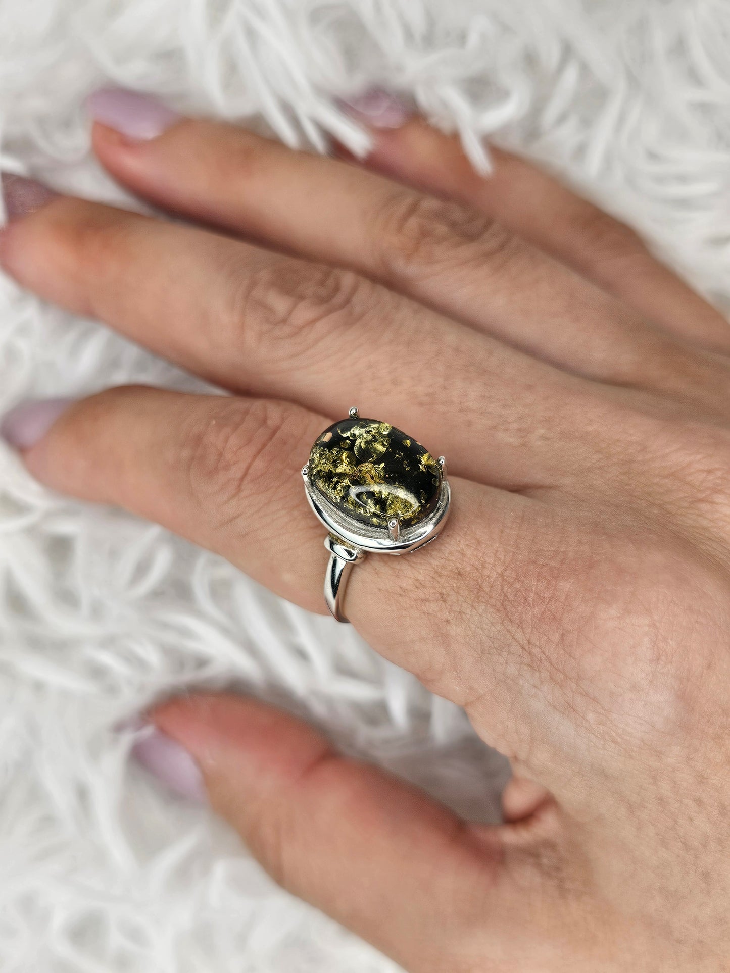 S925 Silver Adjustable Black Amber Ring - MAS1046