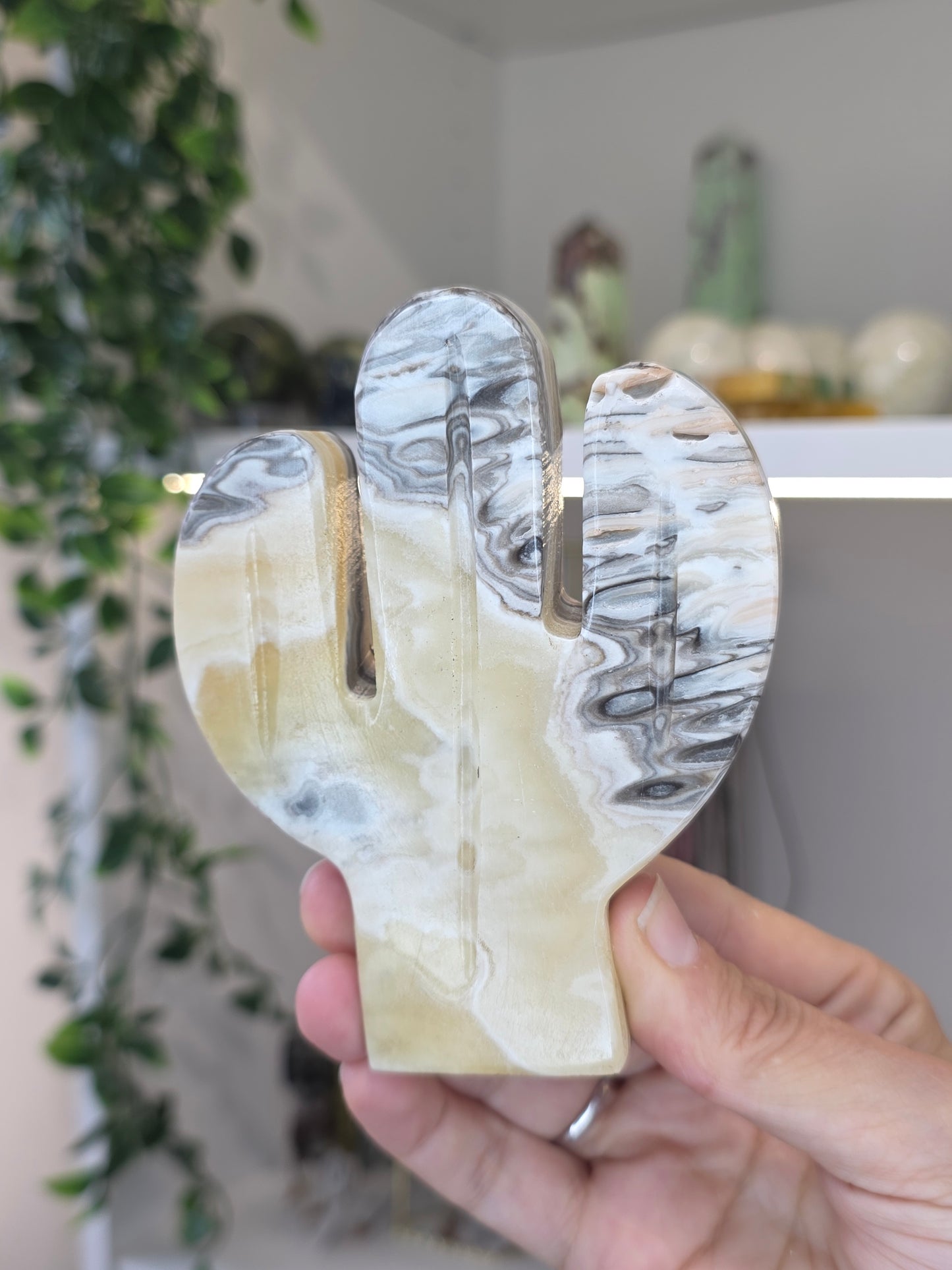 Large Mexican Onyx Freestanding Cactus Carving - Yellow Zebra Calcite - B
