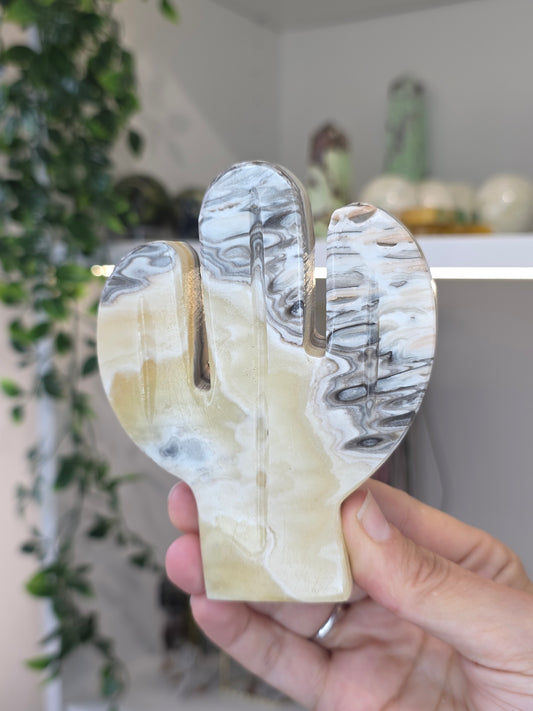 Large Mexican Onyx Freestanding Cactus Carving - Yellow Zebra Calcite - B