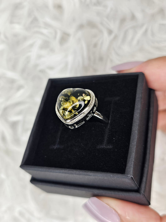 S925 Silver Adjustable Black Amber Ring - MAS1045