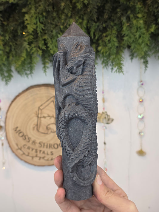 Shungite Tower with Dragon Carving B