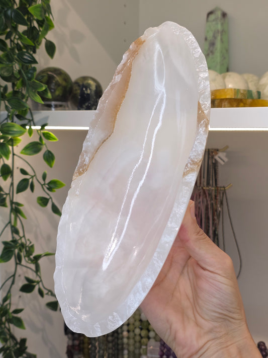 Mexican Onyx Canoe Bowl - White Calcite - B