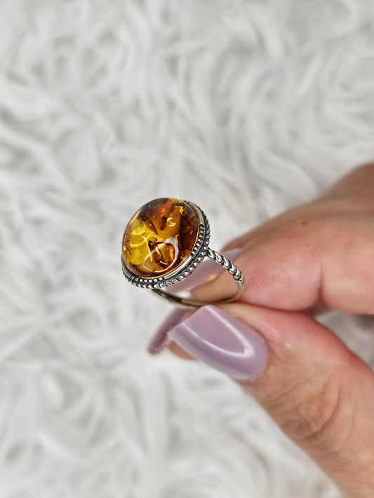 S925 Silver Adjustable Flower Amber Ring - MAS1037