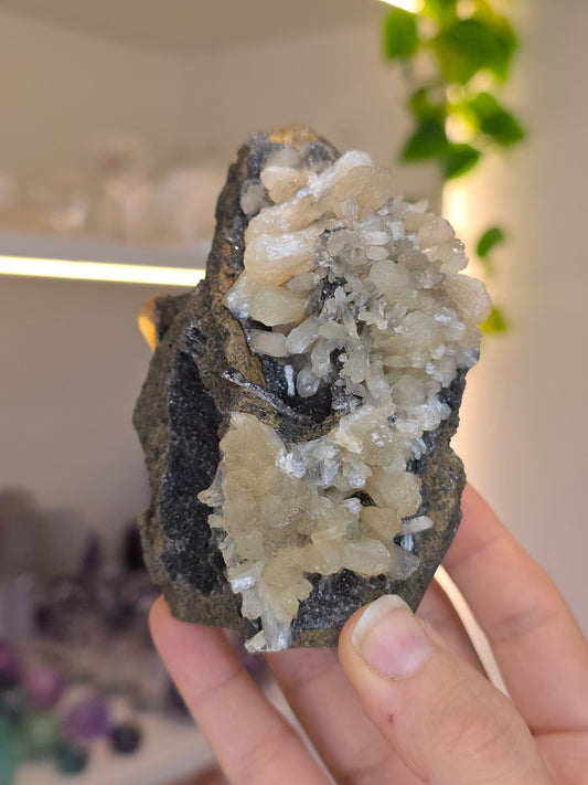 Honey Calcite on Black Chalcedony with Stilbite P from Madhya Pradesh India