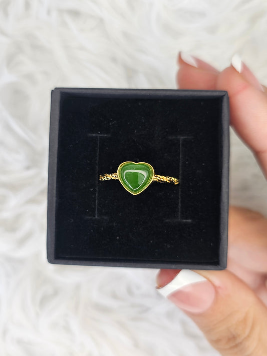 18ct Gold Plated S925 Silver Adjustable Jade Heart Ring - MAS0911