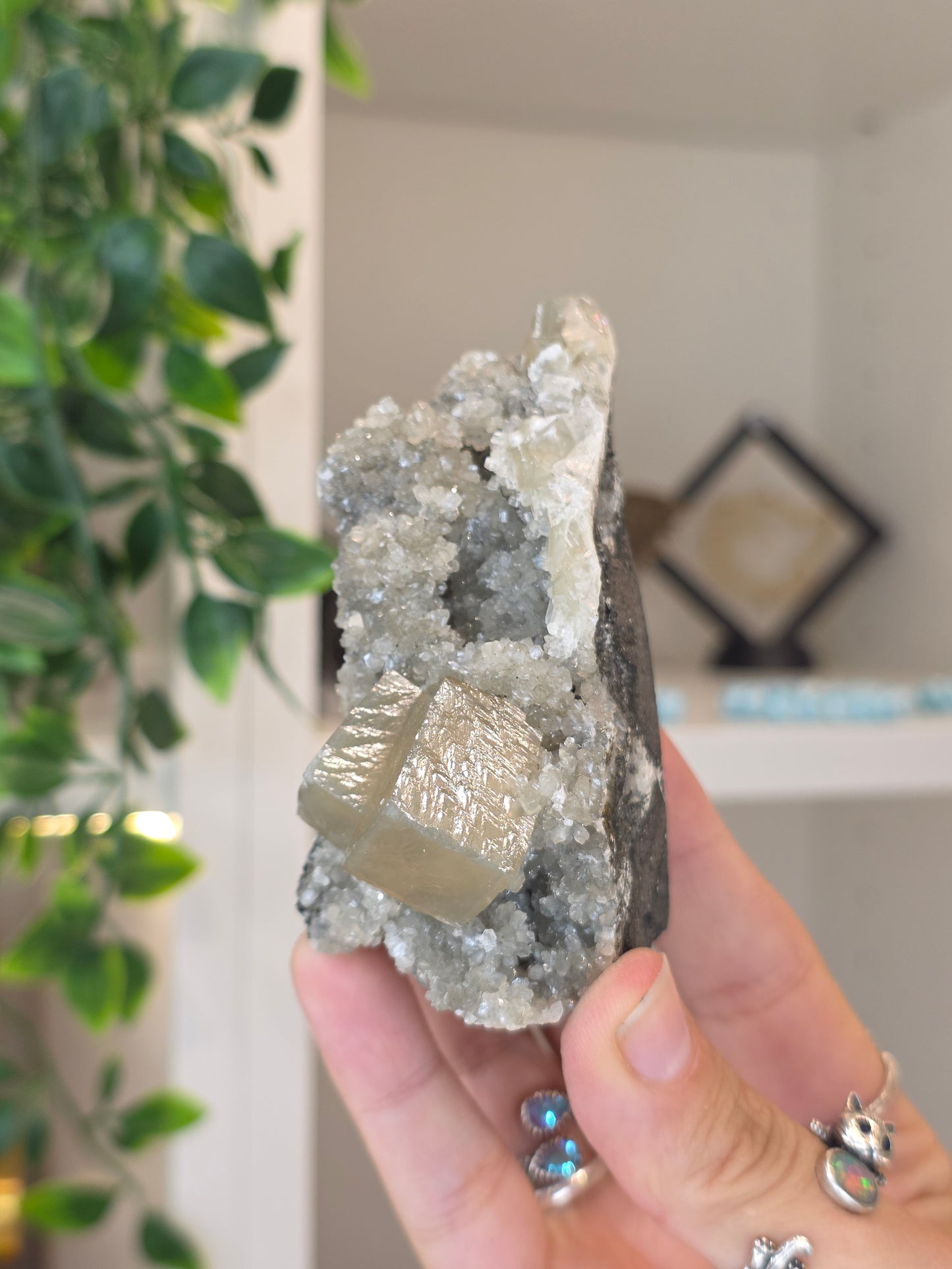 Honey Calcite Cubes on Druzy Sugar Calcite and Stilbite Matrix from Madhya Pradesh, India - P
