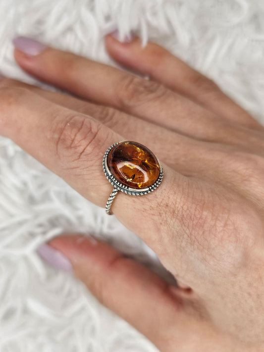 S925 Silver Adjustable Flower Amber Ring - MAS1037