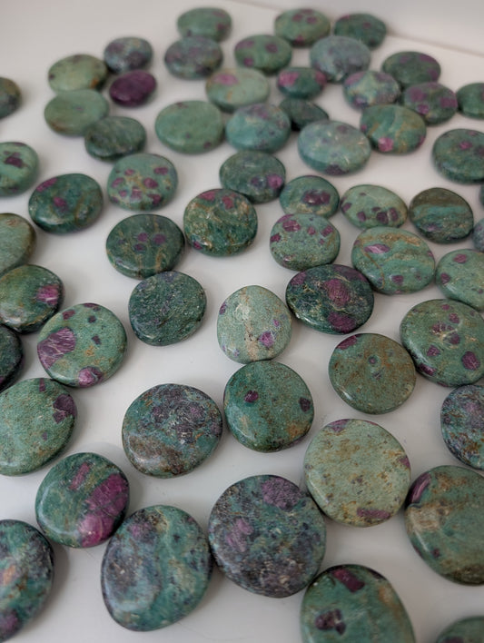 Intuitively Chosen Indian Ruby Fuchsite Button Flat Stones UV reactive